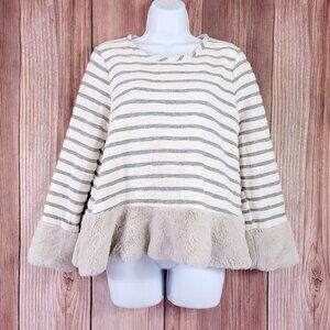 Anthropologie Maeve Sz M Astor Faux Fur Trimmed Striped Pullover Top Gray Ivory